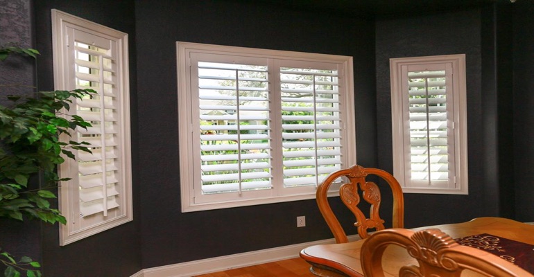 Beautiful Polywood Shutters In Dark Green Dining Room