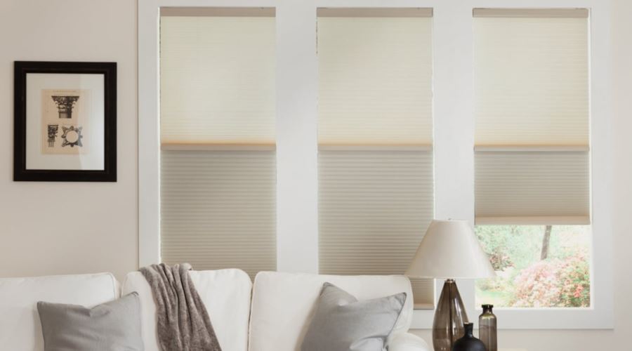 Cellular shades are energy efficient and stop air from entering through your window. Cellular shades in a New Brunswick living room