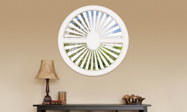 You can cover specialty shaped windows with our Polywood shutters. Circle shaped window in New Brunswick