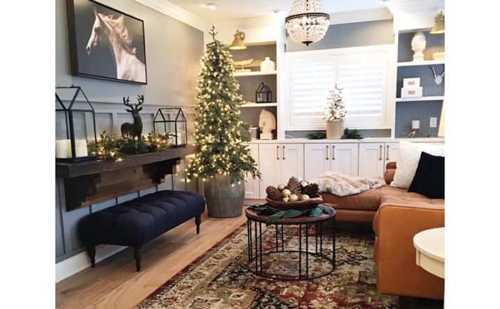 If your furniture pieces are starting to come apart, the holidays can be a great time to find replacements. Living room with built-in shelving and shutters.