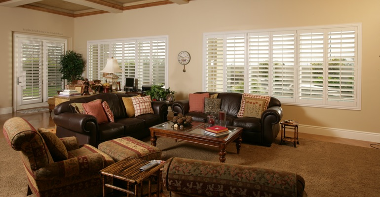 Shutters allow you to let in as much light as you need. New Brunswick great room with polywood shutters.