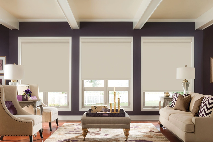 White motorized shades on large living room windows